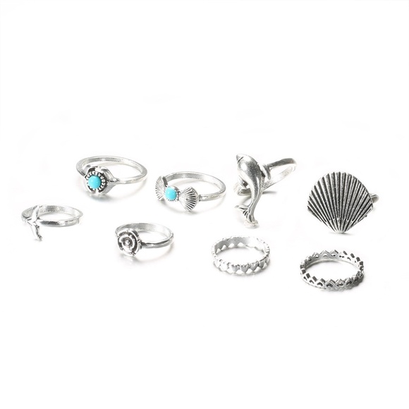 **EDWINA* 7-Pc Silver x Blue Shell Fashion Ring Set - Picture 6 of 7